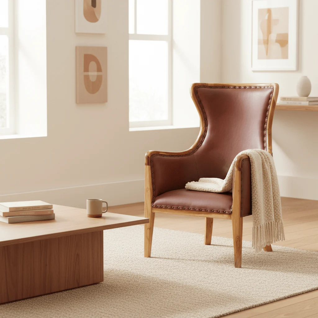 Kendari Brown Cow Leather and Teak Wood Frame Chair - Image 4