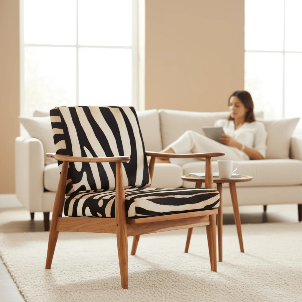 Kendari Leather Zebra Pattern And Teak Chair - Image 2