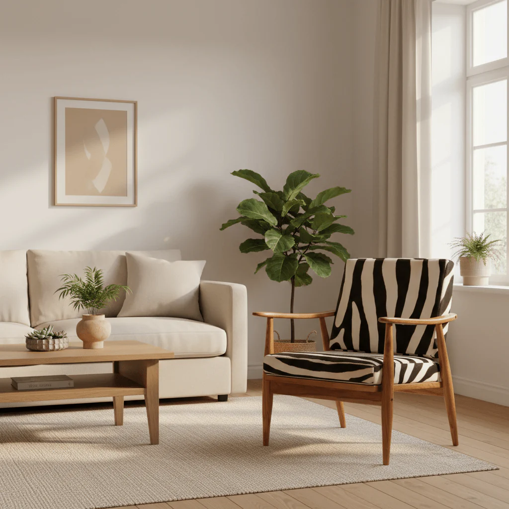 Kendari Leather Zebra Pattern And Teak Chair - Image 3