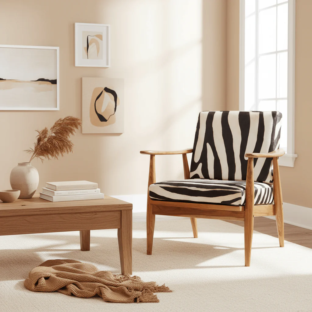 Kendari Leather Zebra Pattern And Teak Chair - Image 4