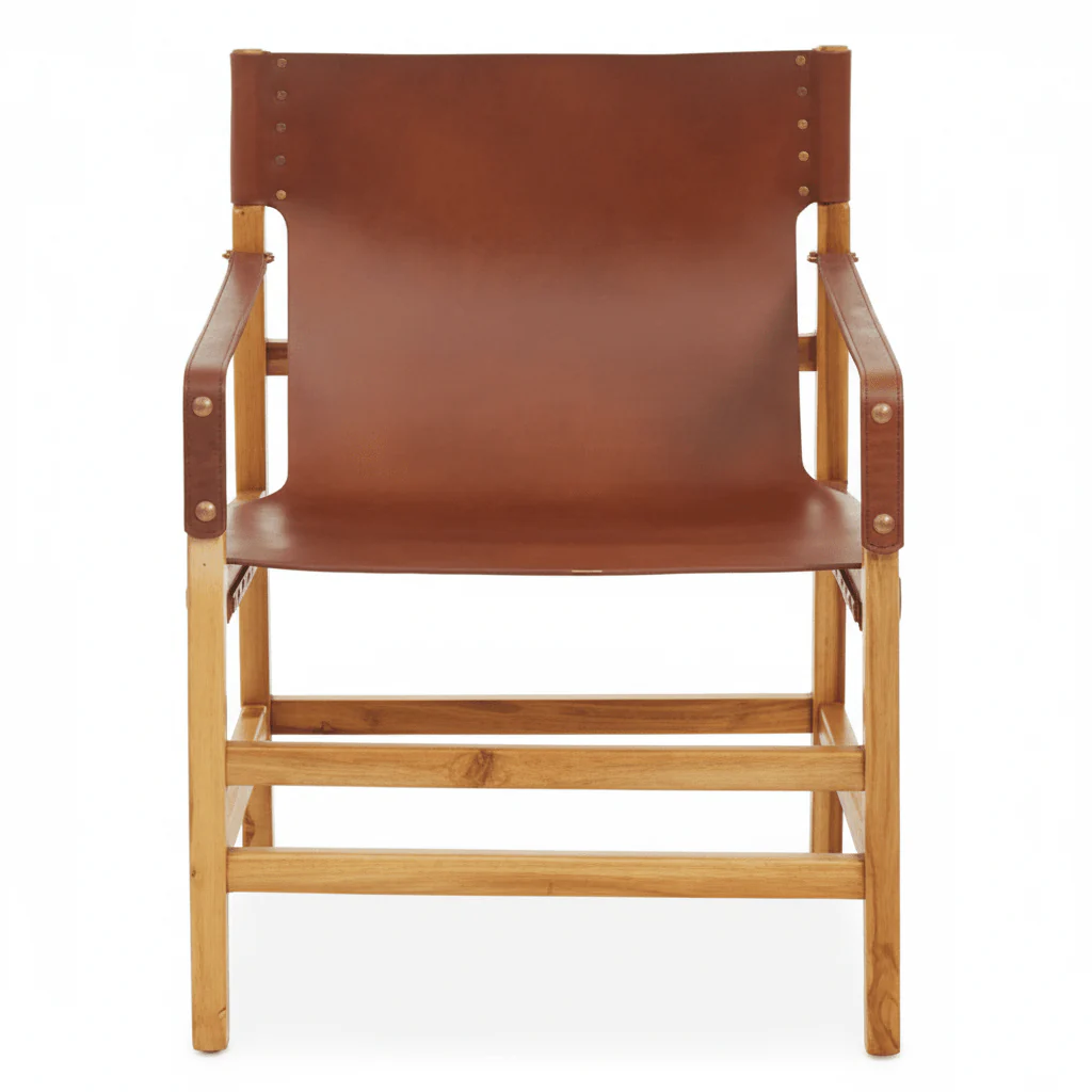 Kendari Light Brown Leather And Teak Wood Chair