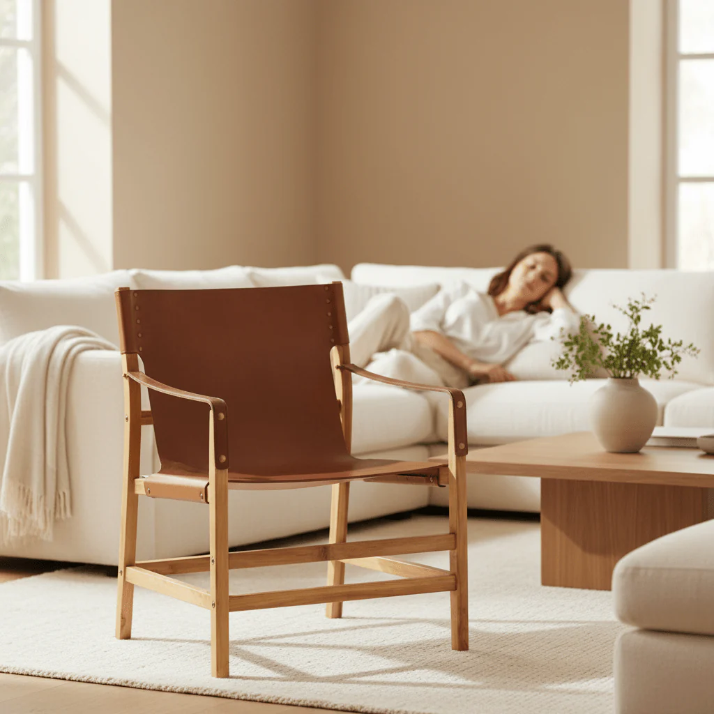 Kendari Light Brown Leather And Teak Wood Chair - Image 2
