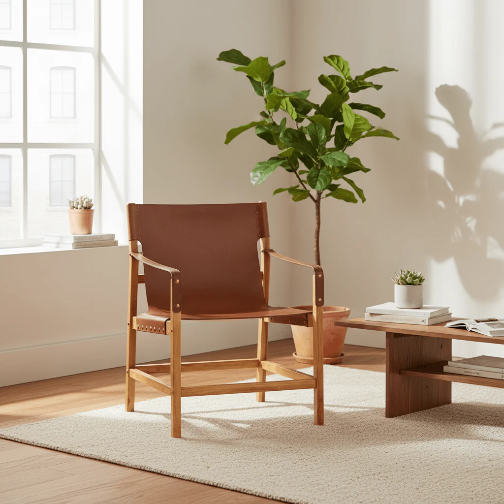 Kendari Light Brown Leather And Teak Wood Chair - Image 3
