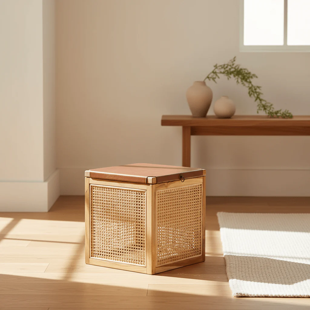 Kendari Teak Box With Light Brown Leather - Image 3