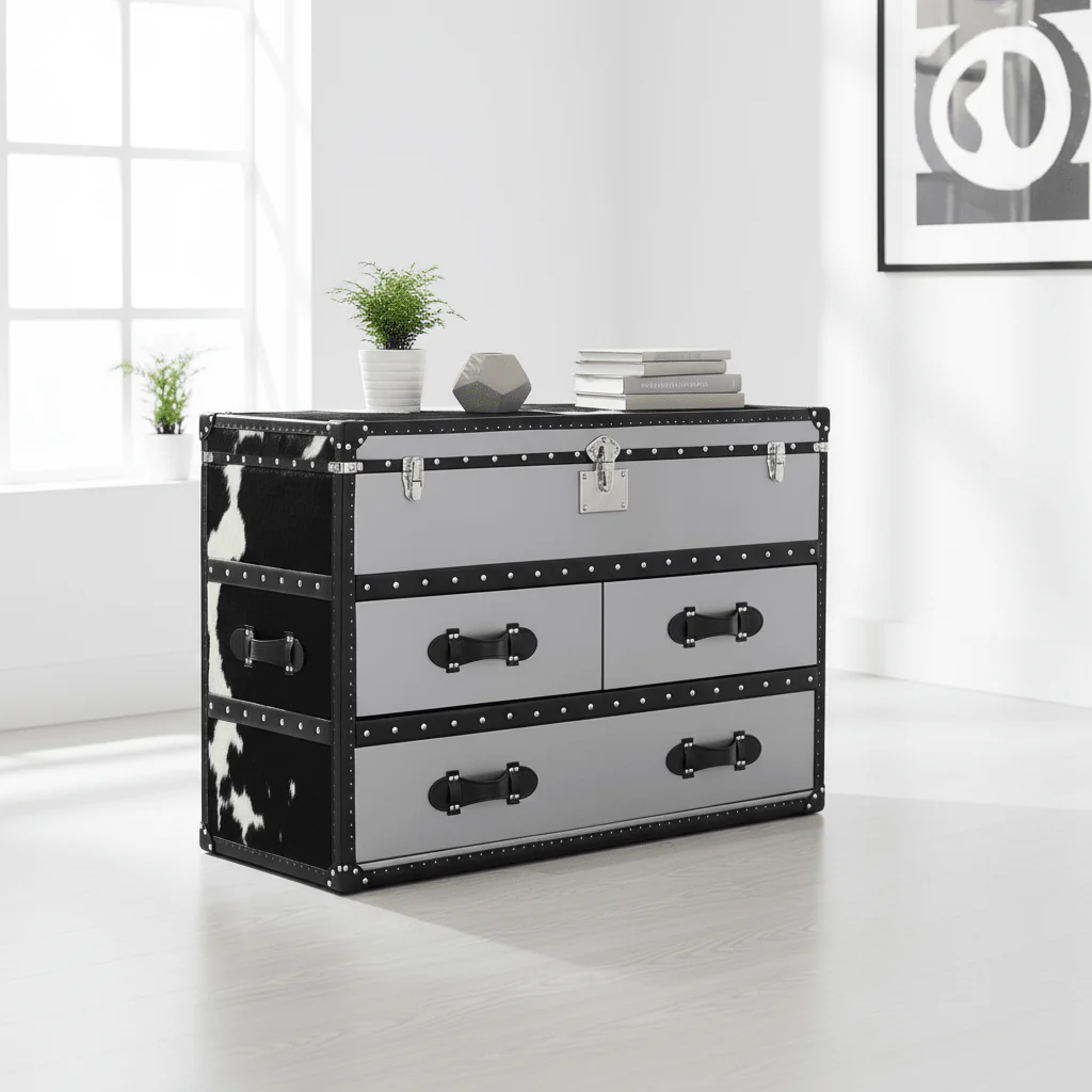 Kensington Townhouse Black And White Genuine Cowhide 3 Drawer Cabinet - Image 4