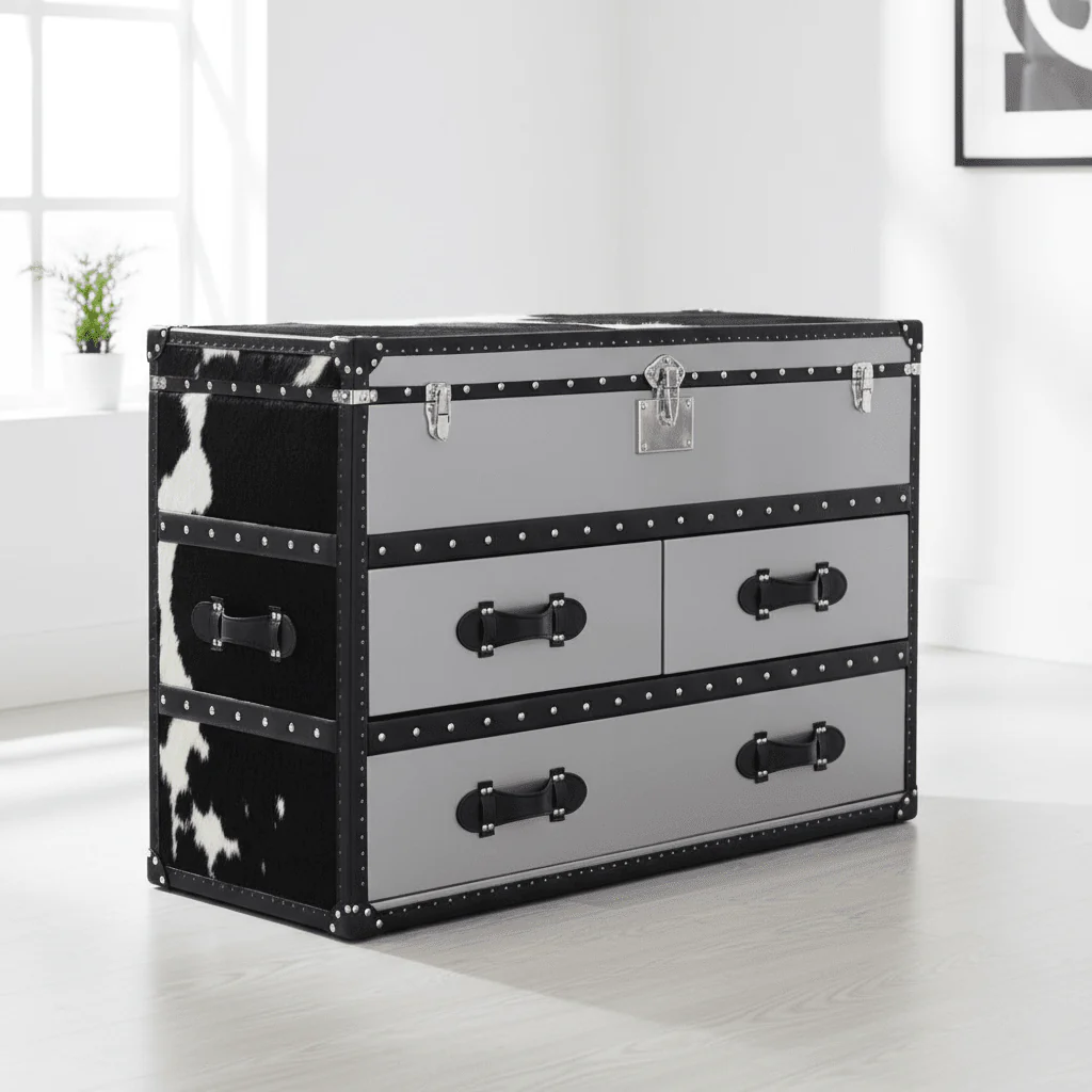 Kensington Townhouse Black And White Genuine Cowhide 3 Drawer Cabinet - Image 5