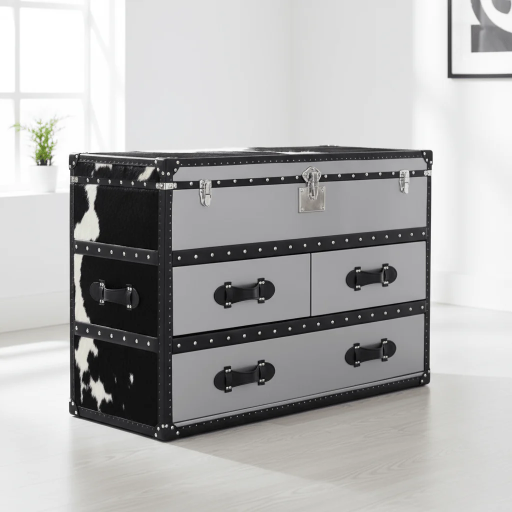 Kensington Townhouse Black And White Genuine Cowhide 3 Drawer Cabinet - Image 6