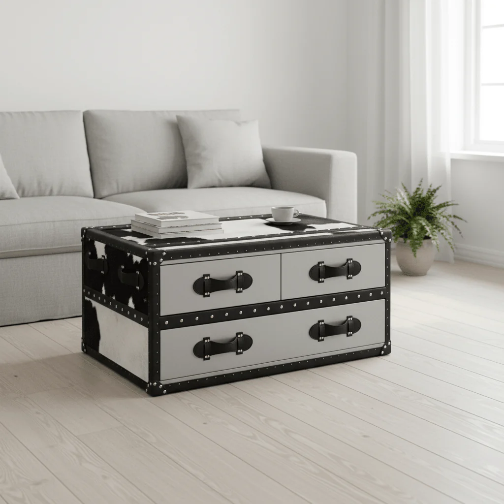 Kensington Townhouse Black And White Genuine Cowhide Coffee Table - Image 3