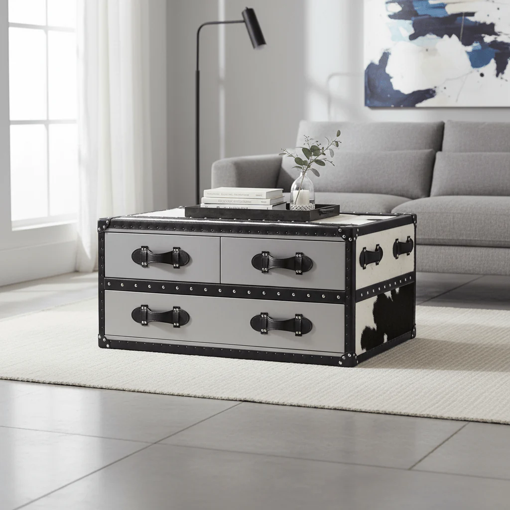 Kensington Townhouse Black And White Genuine Cowhide Coffee Table - Image 4