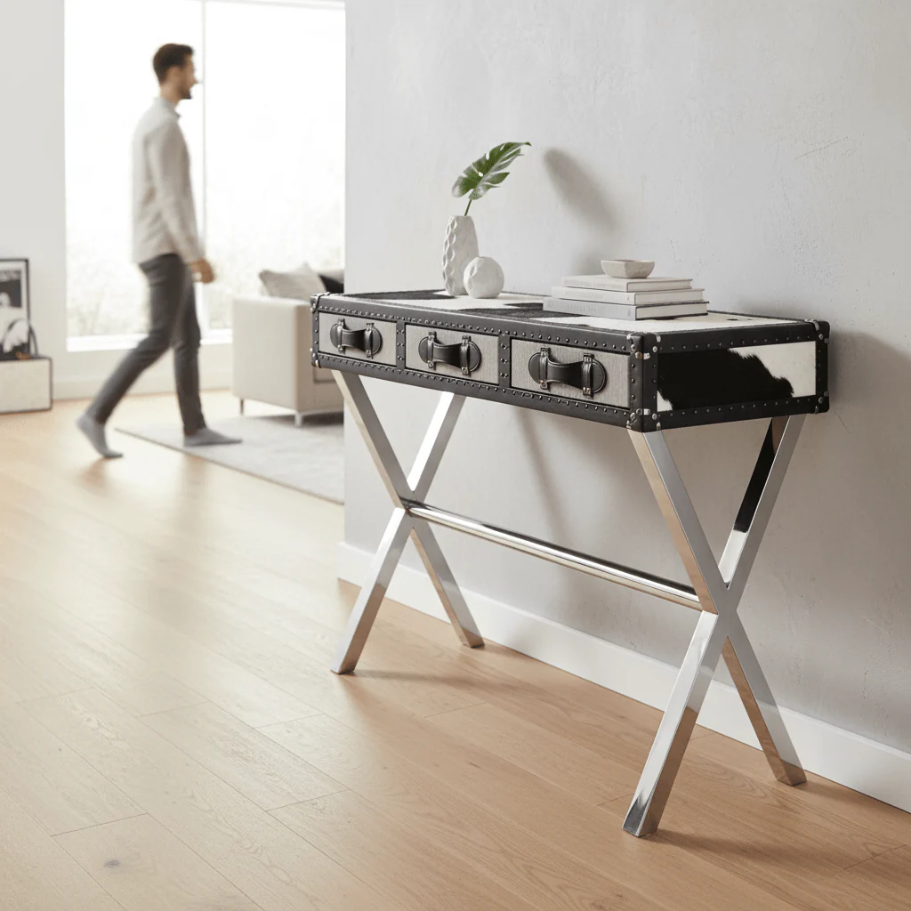 Kensington Townhouse Black And White Genuine Cowhide Console Table - Image 2