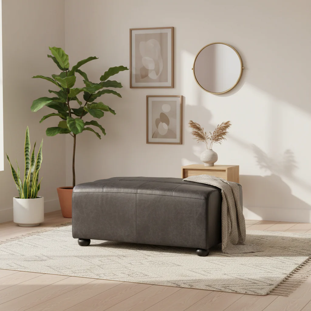 King Distressed Slate Leather Ottoman - Image 3