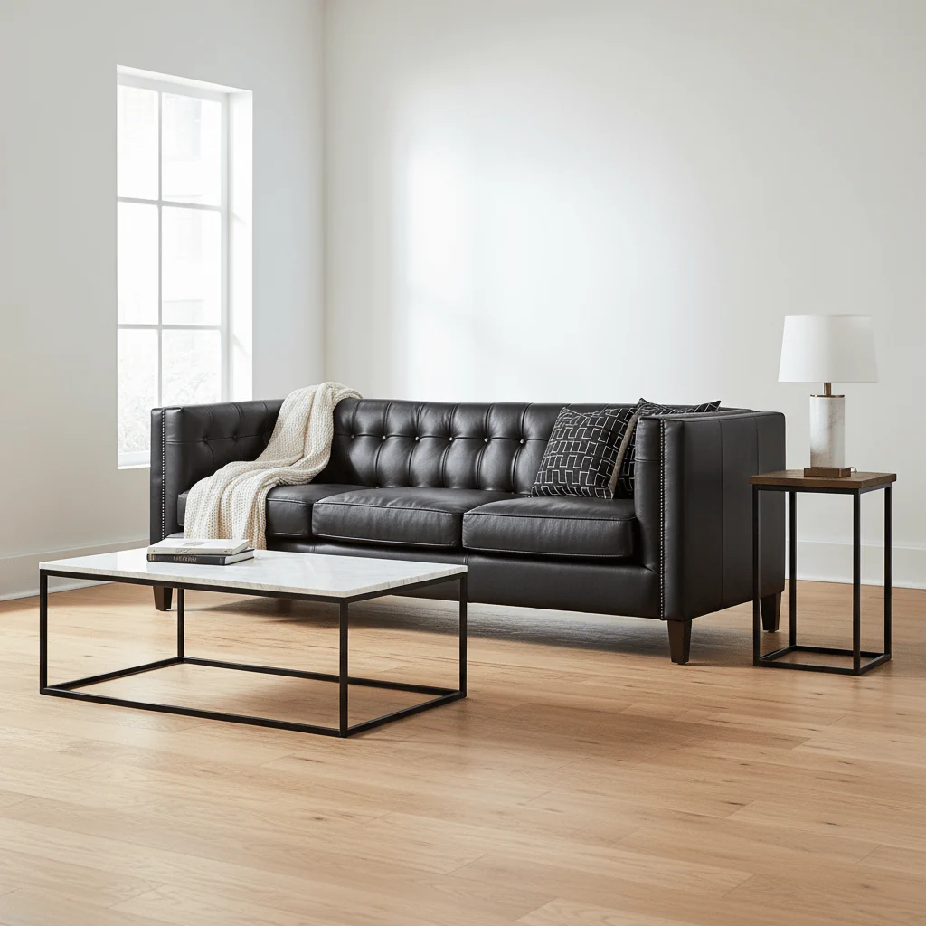 King Three Seater Antique Ebony Leather Sofa - Image 4