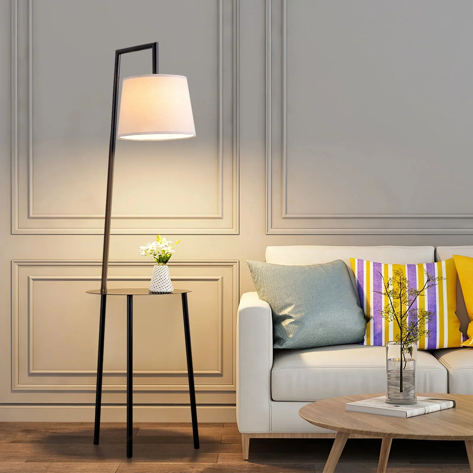 KOMORE 60 W Metal Tray Table Floor Lamp with Linen Lampshade for Living Room Office, Bedroom, Hallway, Porch