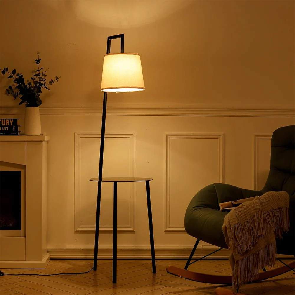 KOMORE 60 W Metal Tray Table Floor Lamp with Linen Lampshade for Living Room Office, Bedroom, Hallway, Porch - Image 3