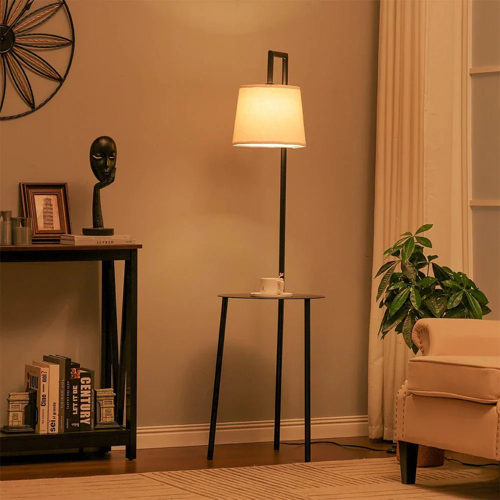 KOMORE 60 W Metal Tray Table Floor Lamp with Linen Lampshade for Living Room Office, Bedroom, Hallway, Porch - Image 5