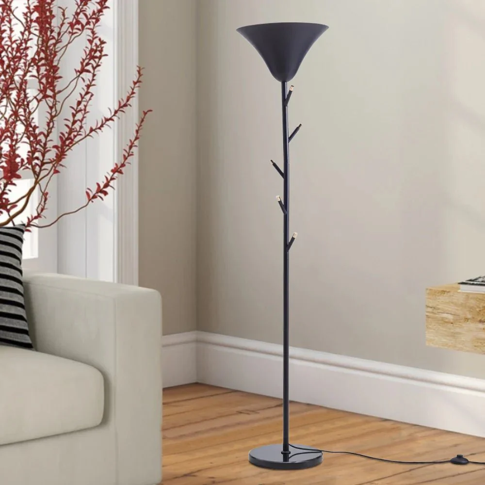 KOMORE Modern Black E14 1-Light Floor Lamp with Coat Rack for Living Room Office, Bedroom, Hallway, Porch