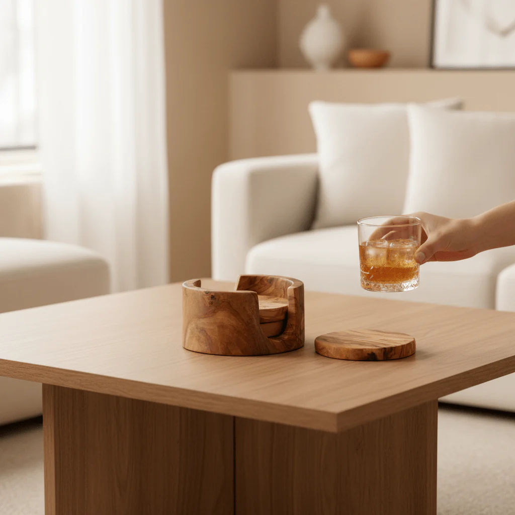 Kora Set Of 4 Olive Wood Round Coasters - Image 2