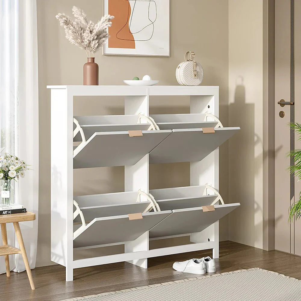 Livingandhome Flip Down Wood Shoe Cabinet in White for Hallway, Mudroom or Entryway - Image 5