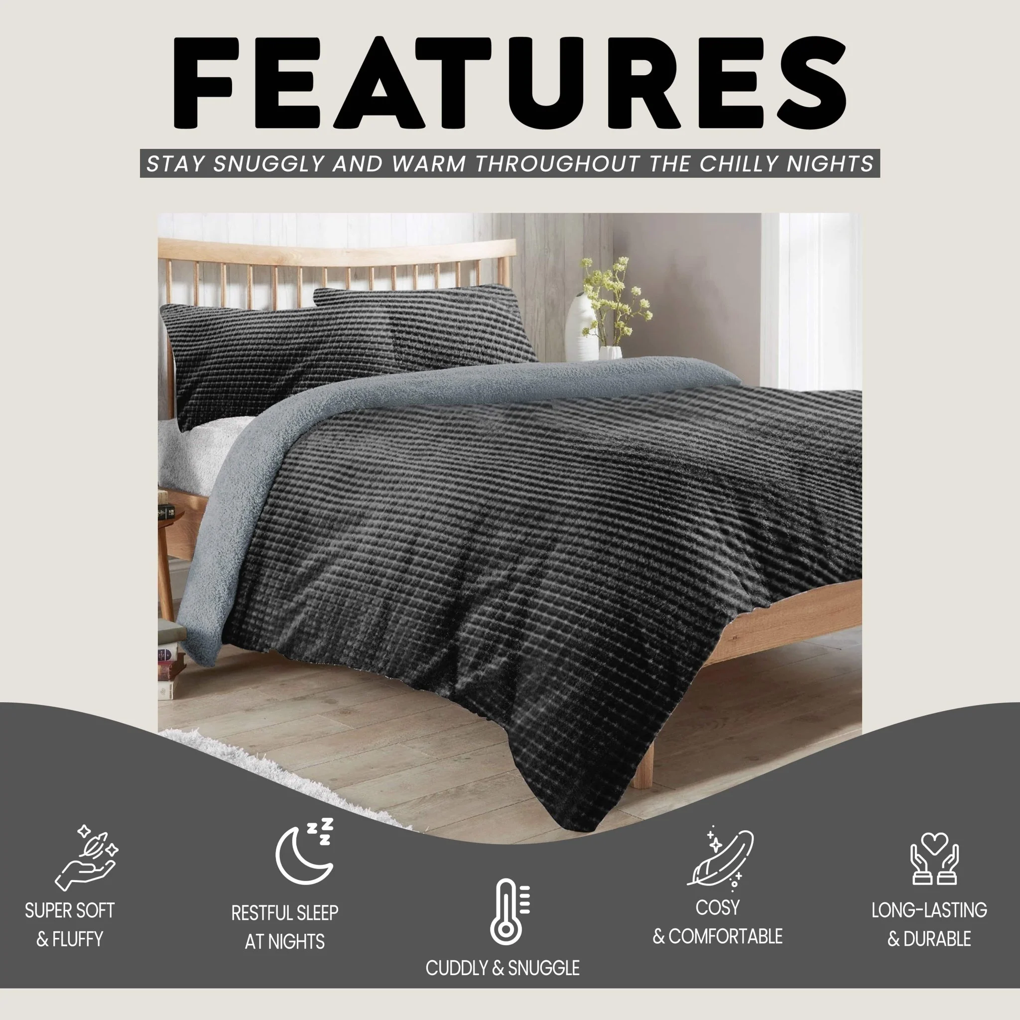 Maine Check Super Soft Fluffy Fleece Duvet Cover Set with Pillowcases Reversible Bedding for Winter Warmth in Black Grey - Image 4