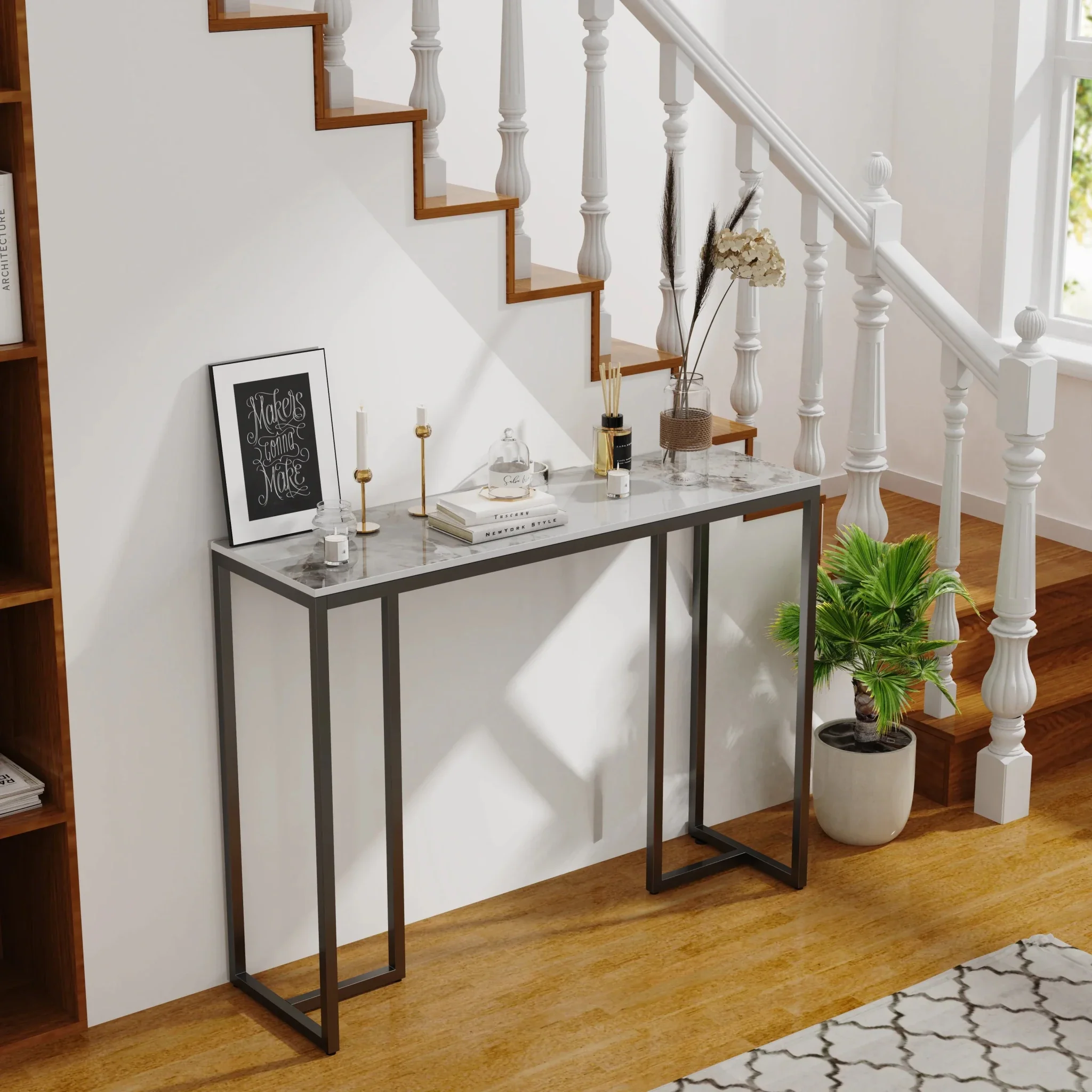 Marble Console Table Modern Accent Side Stand Sofa Entryway Hall Furniture Storage Display Table Metal Frame - Image 2