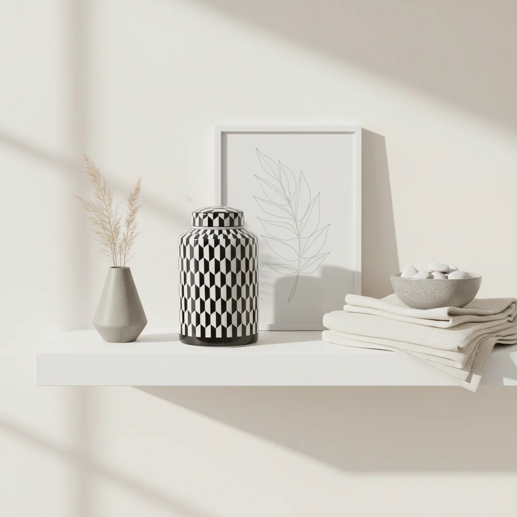 Marlo Small Black And White Geometric Print Ceramic Jar - Image 4