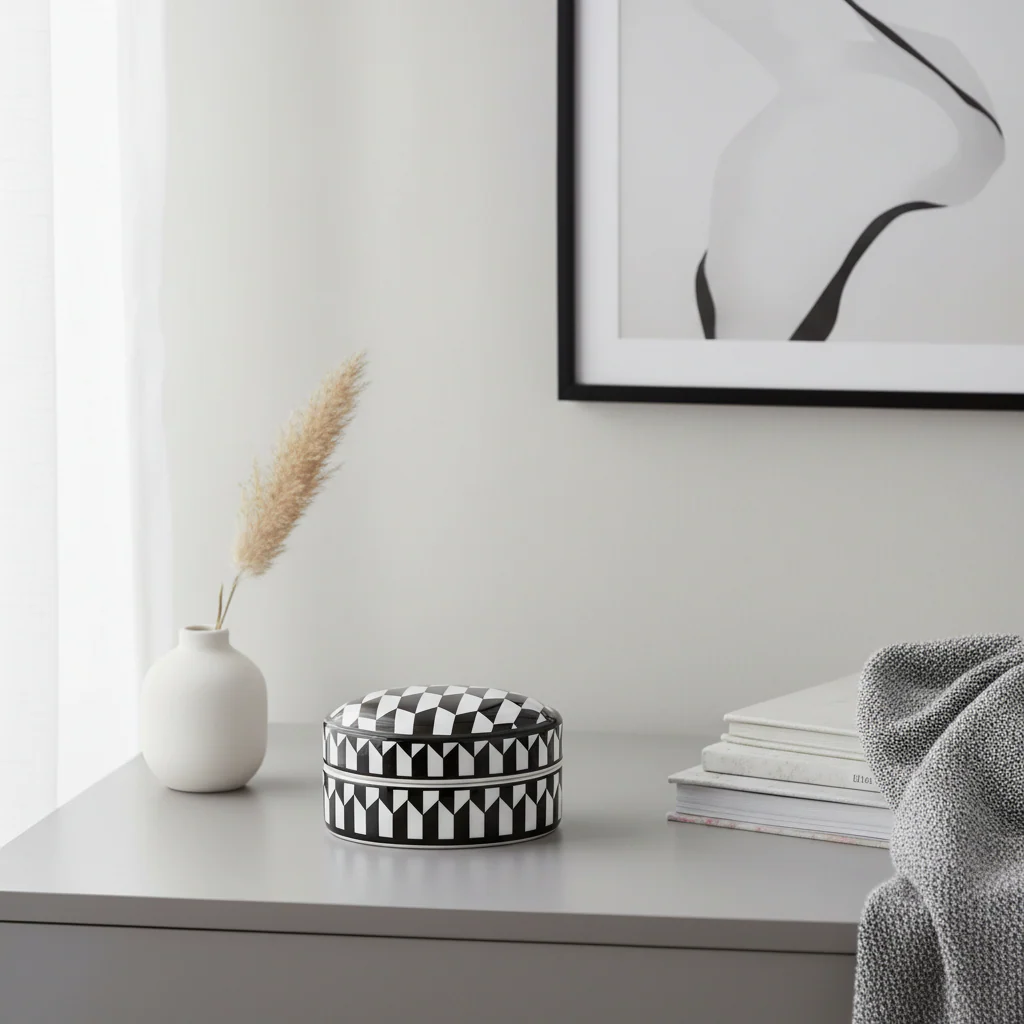 Marlo Small Black and White Geometric Print Ceramic Trinket Box - Image 3