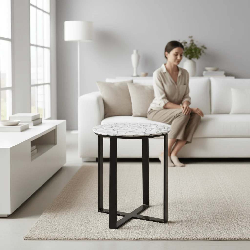 Marmara Marble Top Side Table With Black Iron Stand - Image 2
