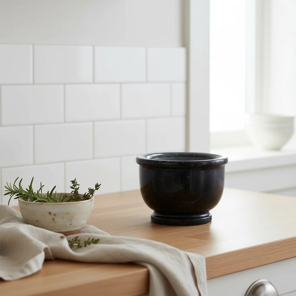 Marmore Black Marble Mortar And Pestle With Rim - Image 3