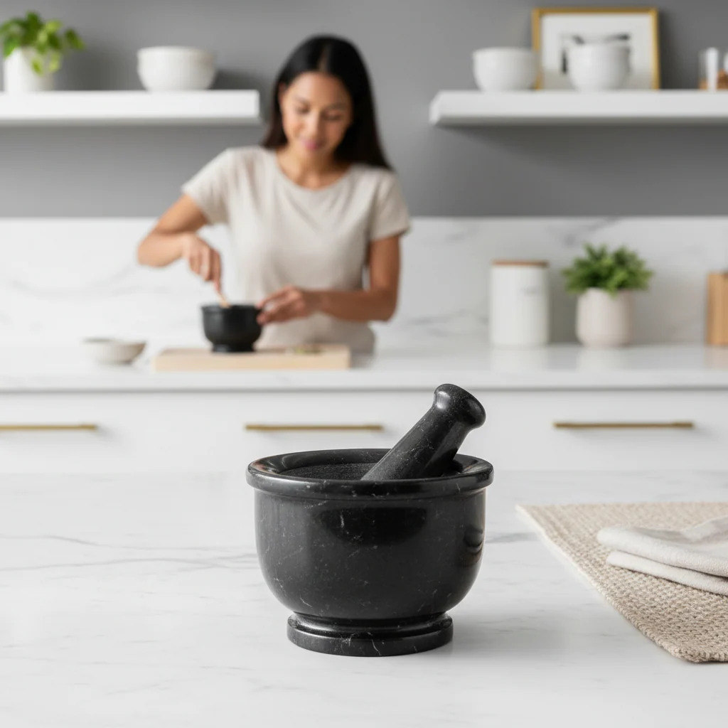 Marmore Black Marble Mortar And Pestle With Rim - Image 6
