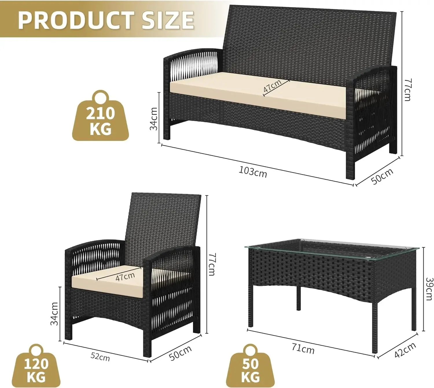 mcc direct 4Pcs Rattan Garden Furniture Set, Patio Rattan furniture sofa 2 Armchairs, 1 Loveseat Sofa and 1 coffee table  Sofia - Image 5