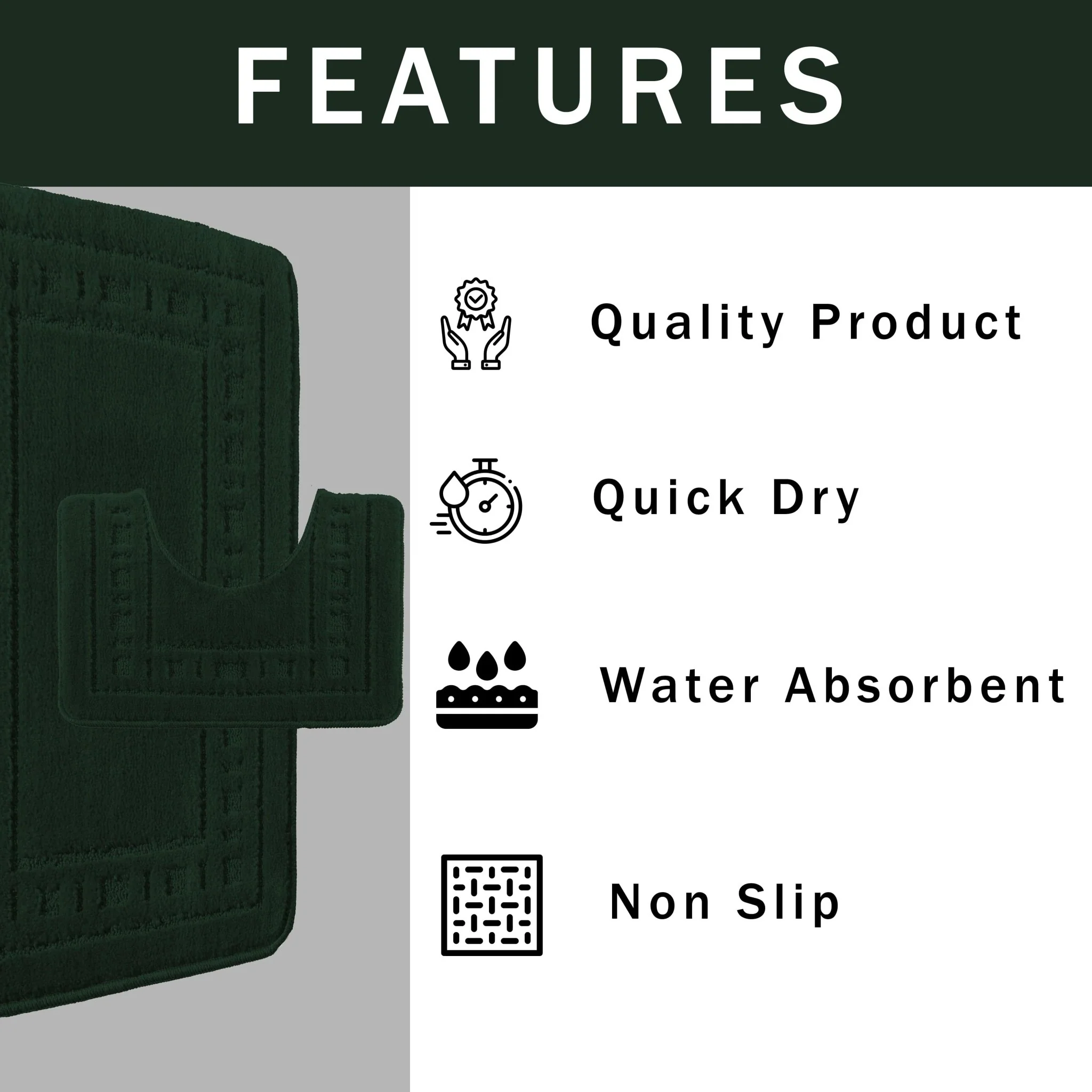 Miami 2 Piece Emerald Green Bath Mat & Pedestal Set Non-Slip Soft & Absorbent Bathroom Mat Set for Comfort & Safety - Image 3