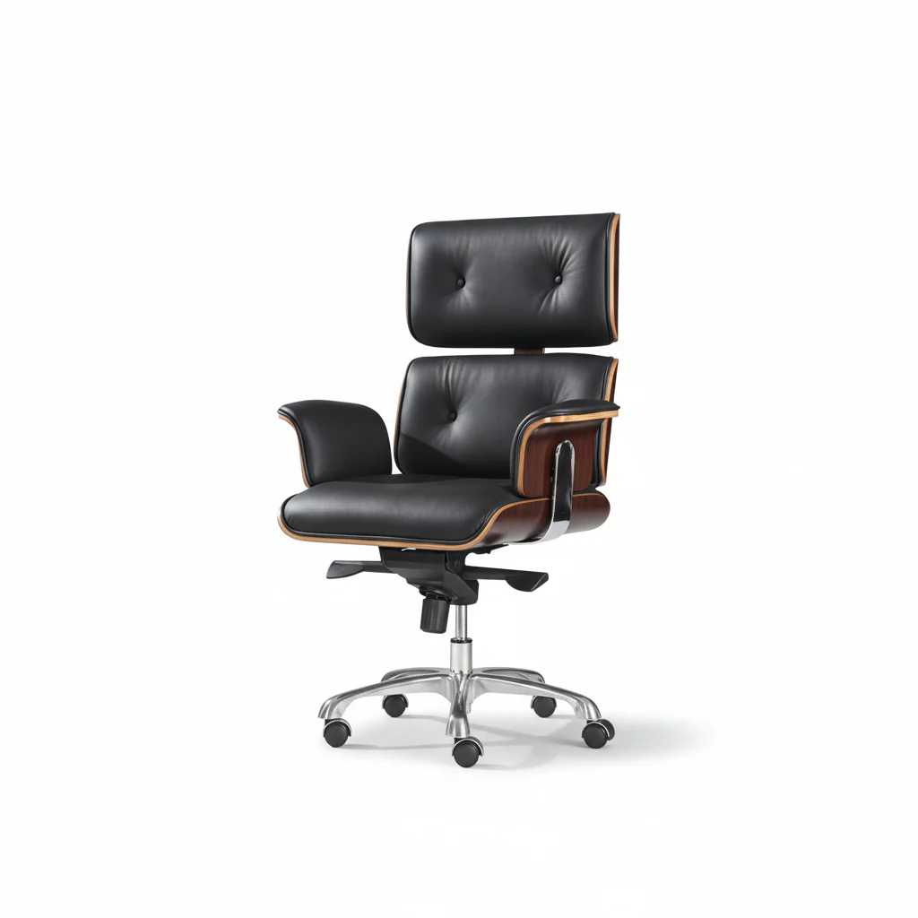 Modern E69 High Back Office Chair Black Premium Leather/ Walnut - Image 10