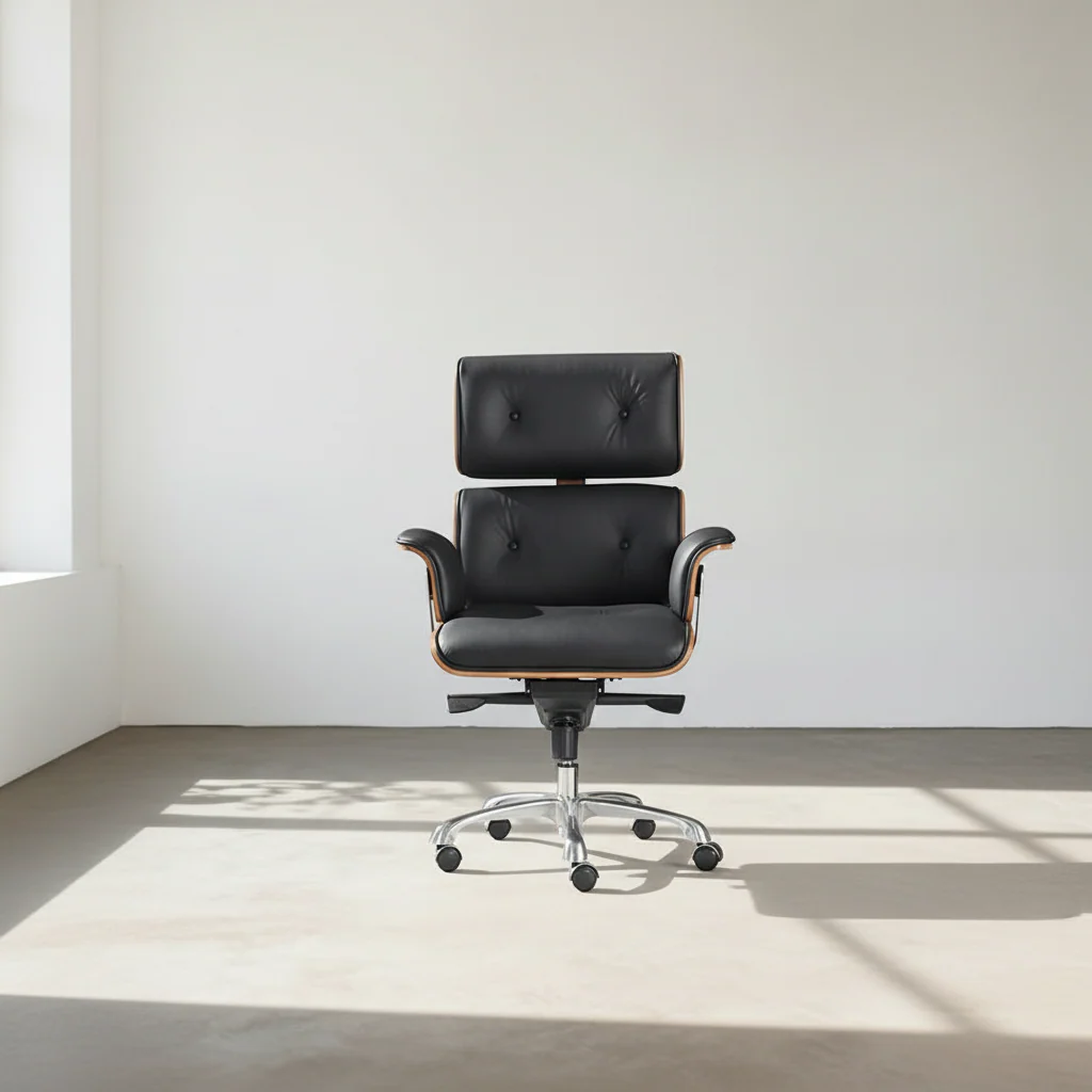Modern E69 High Back Office Chair Black Premium Leather/ Walnut - Image 11