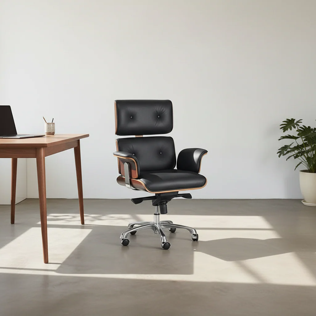 Modern E69 High Back Office Chair Black Premium Leather/ Walnut - Image 12