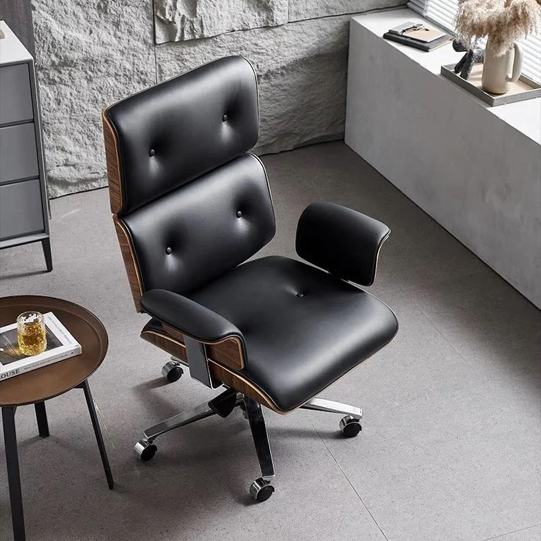 Modern E69 High Back Office Chair Black Premium Leather/ Walnut - Image 4