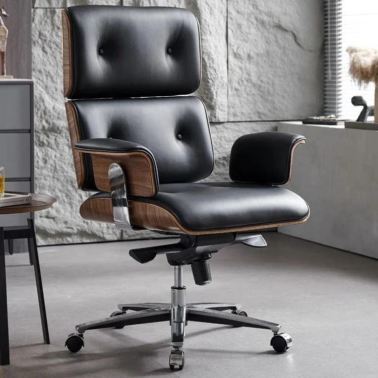 Modern E69 High Back Office Chair Black Premium Leather/ Walnut - Image 6
