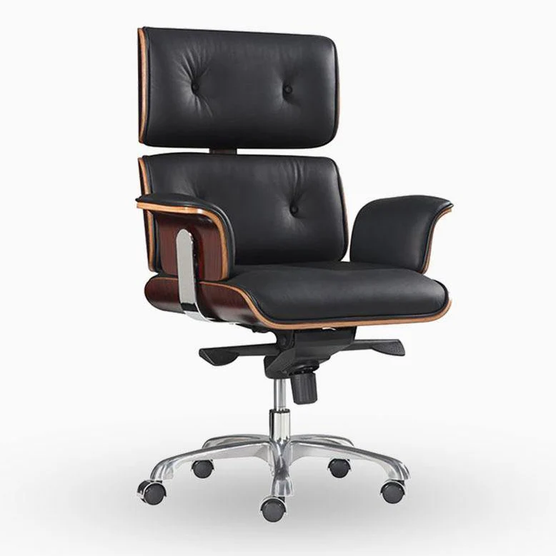Modern E69 High Back Office Chair Black Premium Leather/ Walnut - Image 7