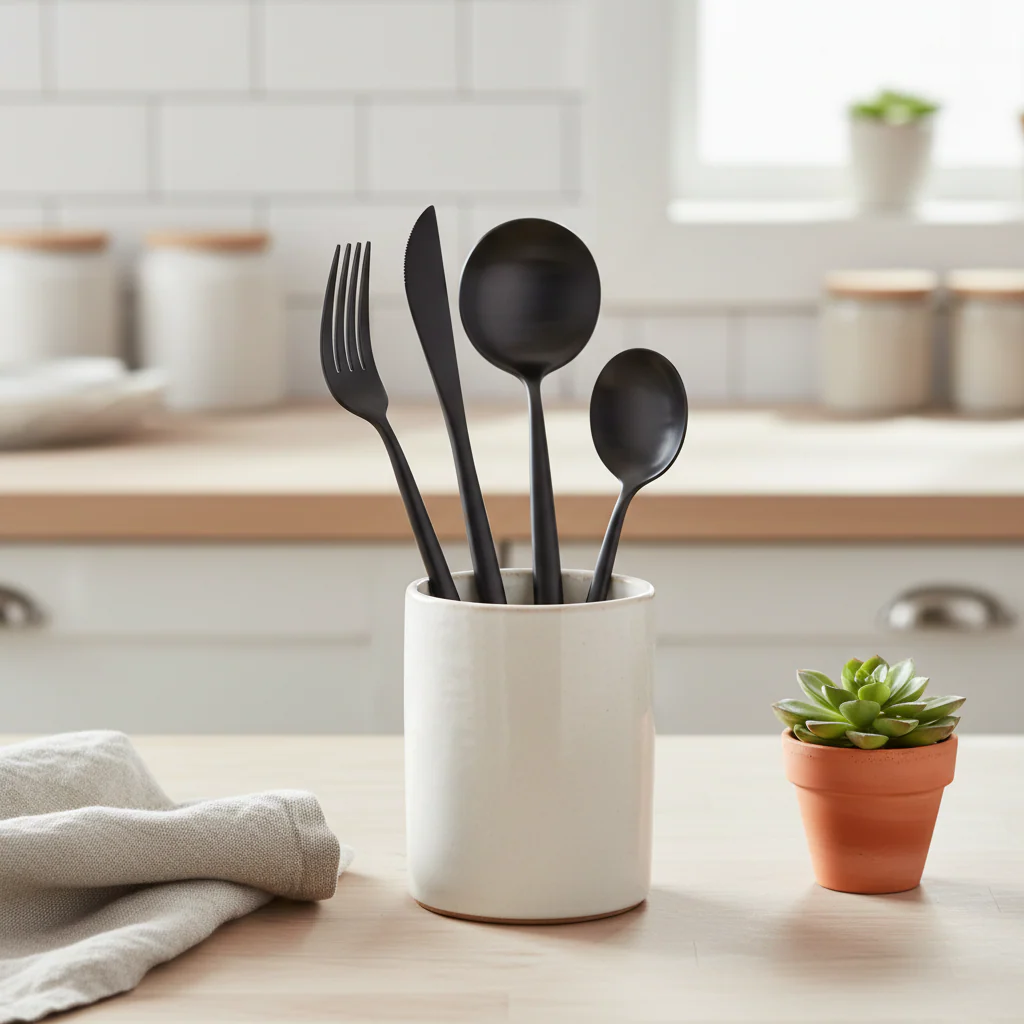 Modern Retro 16 Piece Matte Black Cutlery Set - Image 4