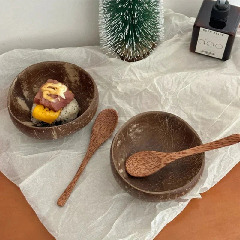 Natural Coconut Bowl Wooden Handmade Coconut Bowls for Eating Tableware Fork Spoon for Dessert Fruit Salad Mixing Rice - Image 4