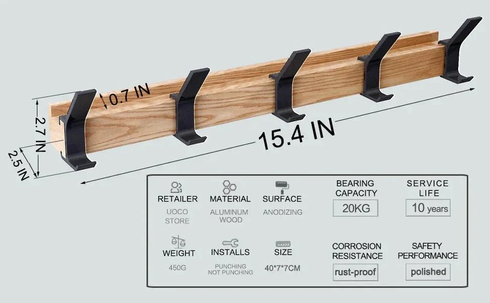 Nordic Wall Mounted Coat Rack with Movable 5 Hooks Aluminum Clothing Rail for Hat Towel Robes Wooden Hanger Perchero Furniture - Image 11