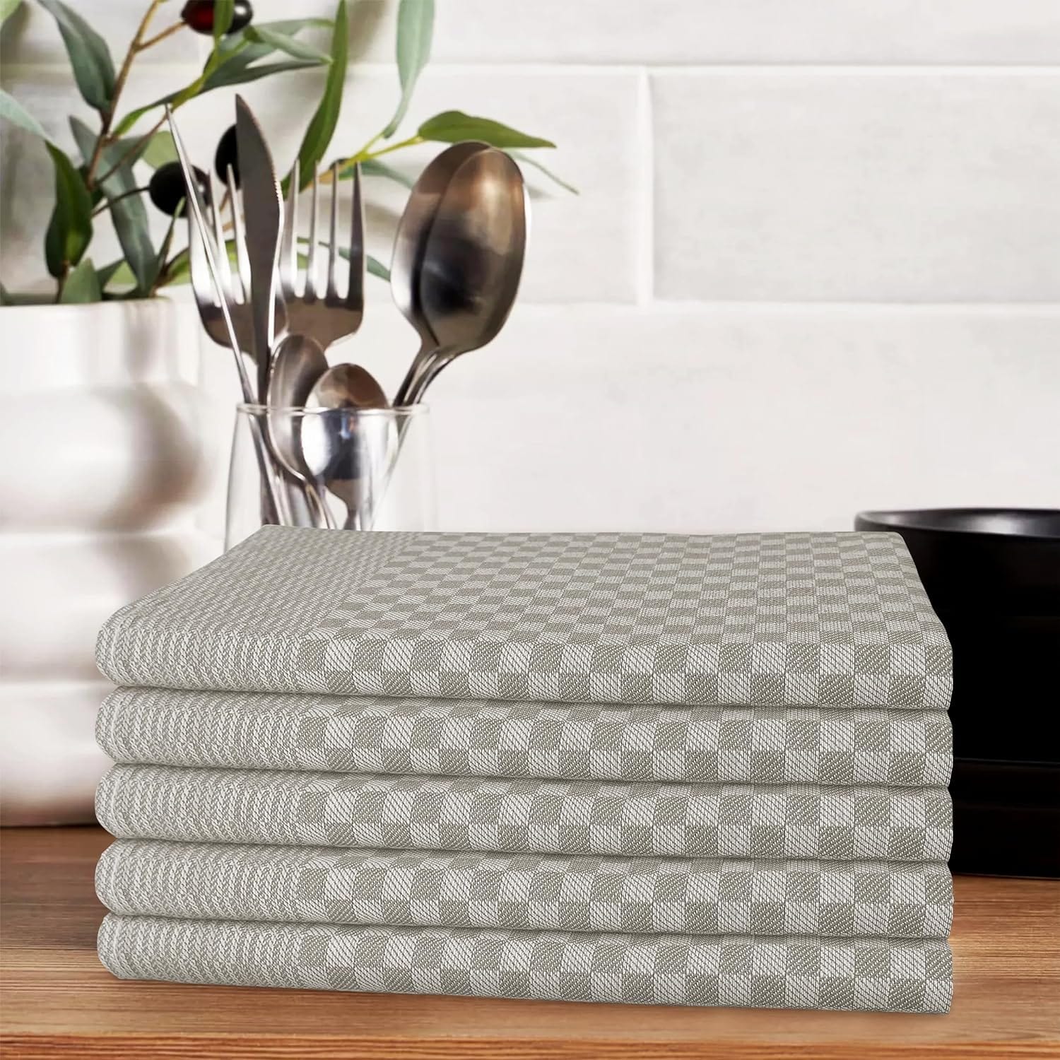 Pack of 5 Large Super Absorbent 100 Percent Cotton Tea Towels Quick Dry Durable Check Pattern Dish Cloths for Kitchen Home and Professional Use - Image 8