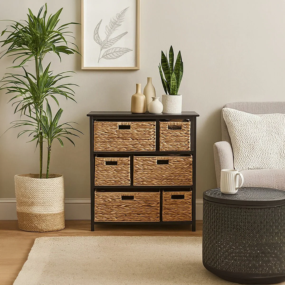Padstow Black Storage Unit with 6 Water Hyacinth Drawers - Image 11