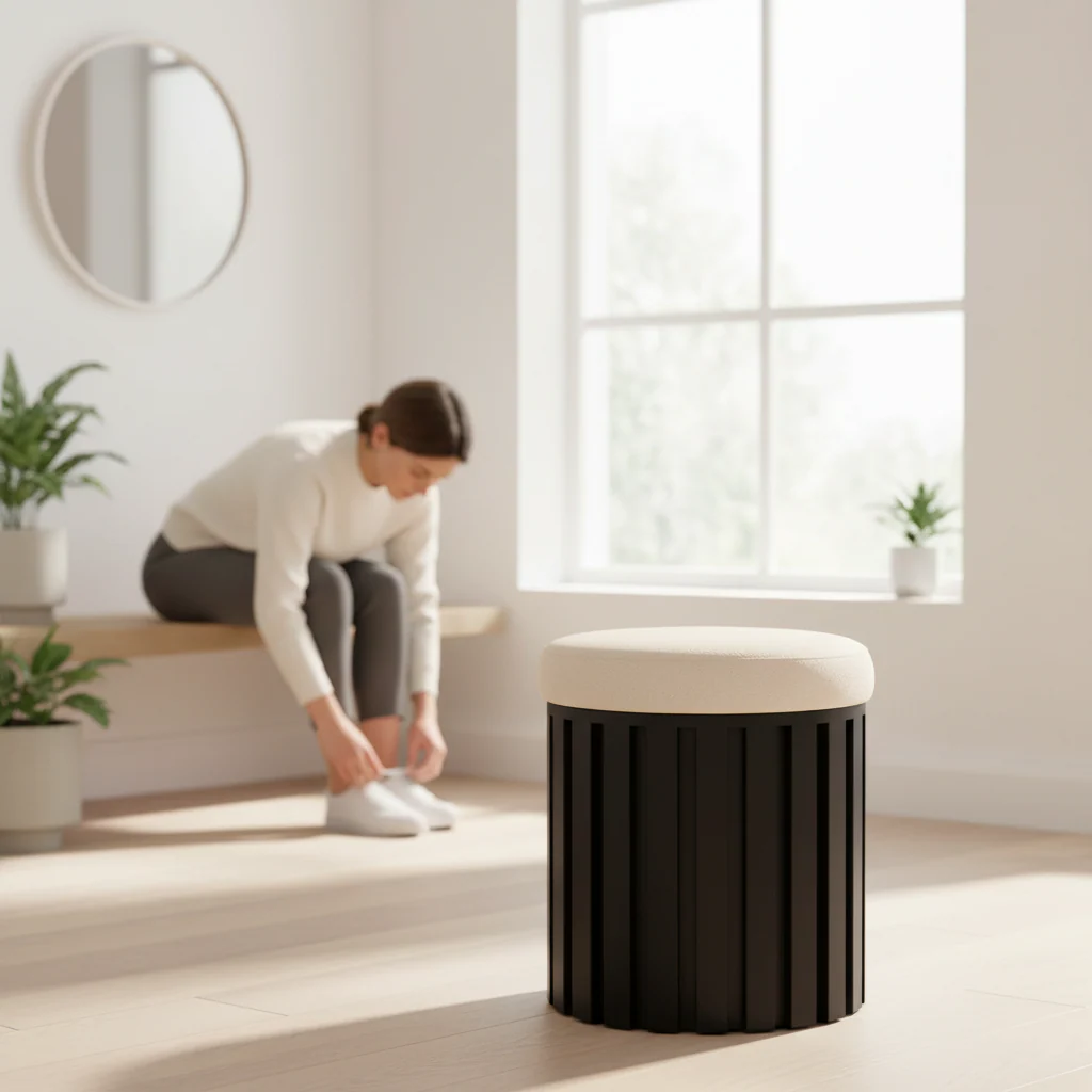 Perdoba Ridge Base Mango Wood Black Finish Texture Fabric Stool - Image 2