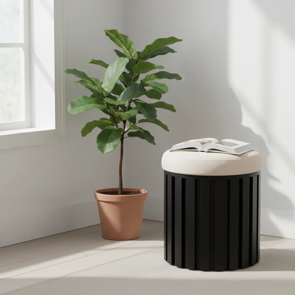 Perdoba Ridge Base Mango Wood Black Finish Texture Fabric Stool - Image 3