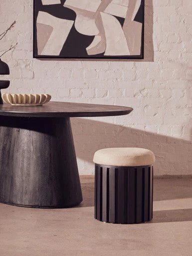 Perdoba Ridge Base Mango Wood Black Finish Texture Fabric Stool - Image 7