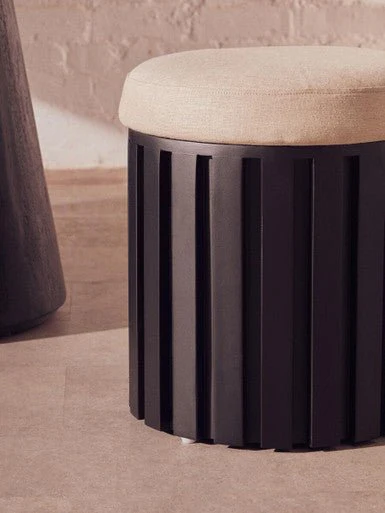 Perdoba Ridge Base Mango Wood Black Finish Texture Fabric Stool - Image 8