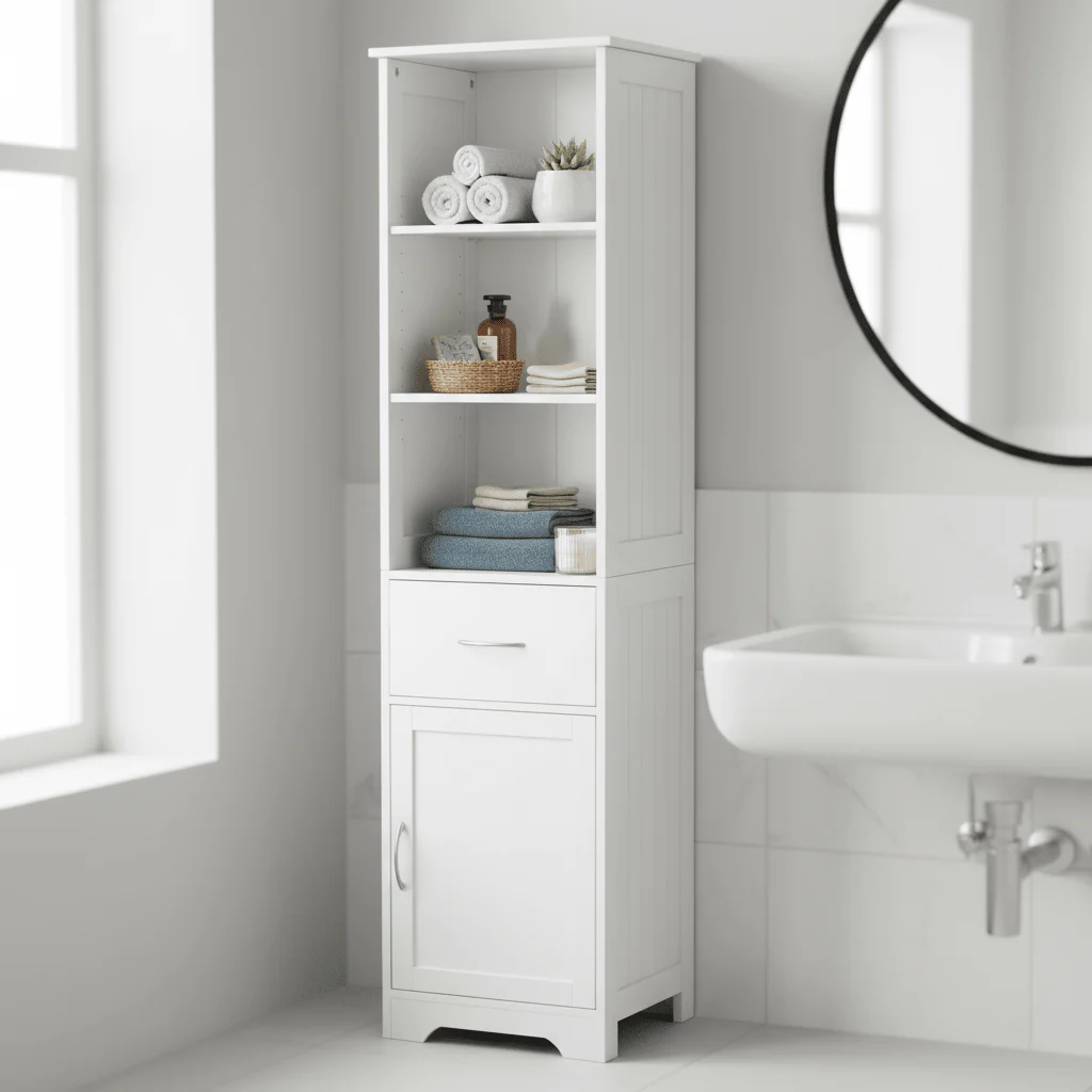 Portland White Wood Floor standing Cabinet With Shelves