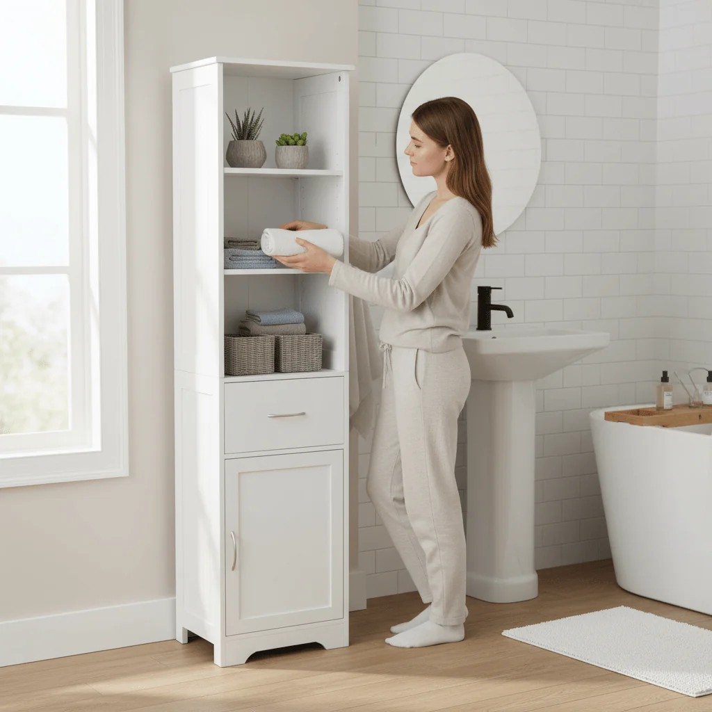 Portland White Wood Floor standing Cabinet With Shelves - Image 2