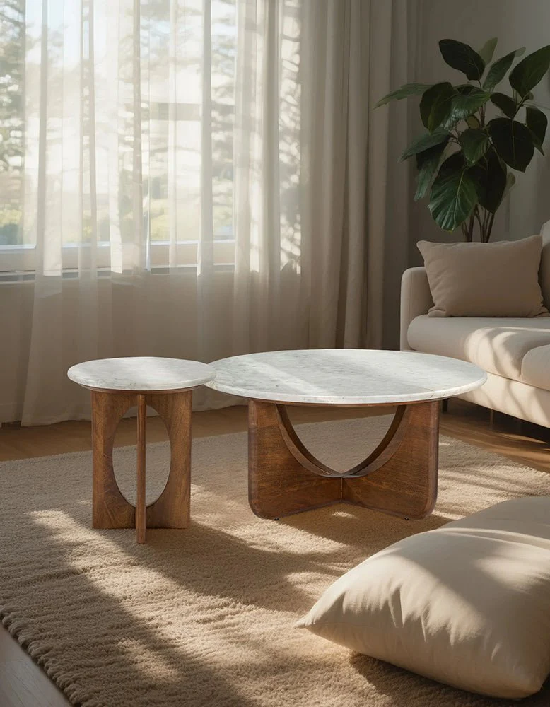 Ranjit Round Nesting Coffee Table Set, Marble & Wood - Image 2