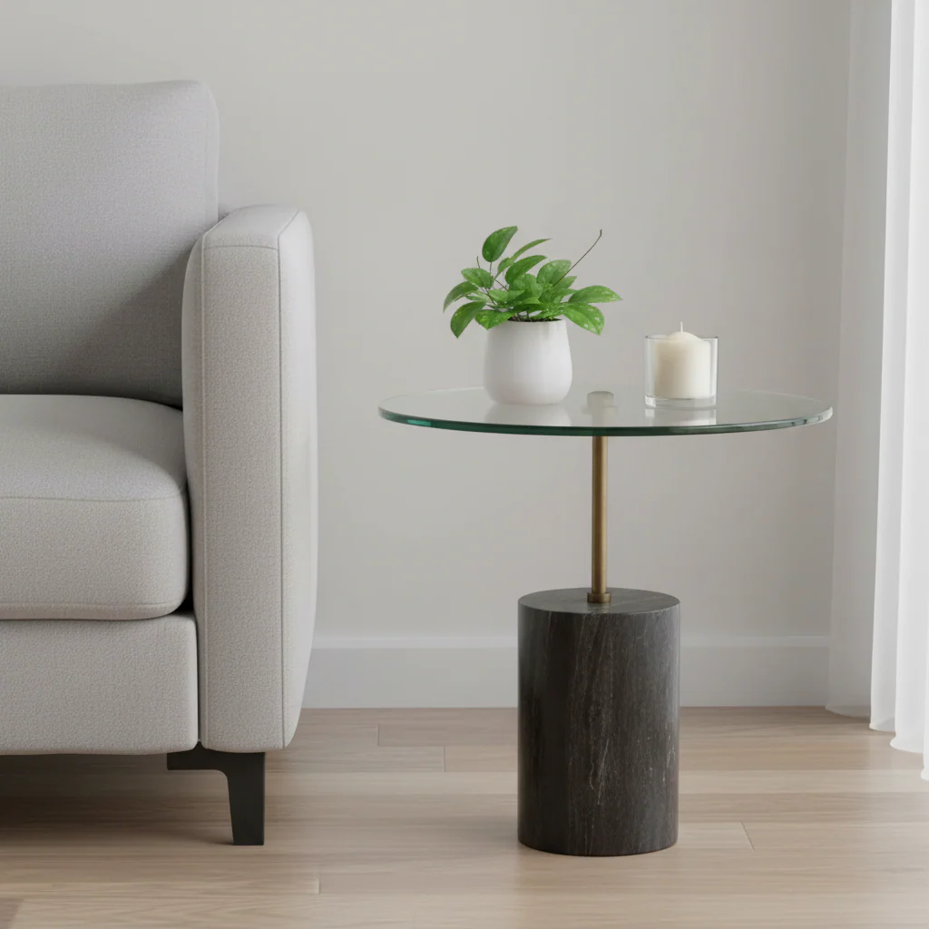 Rany Glass And Black Marble Side Table - Image 3